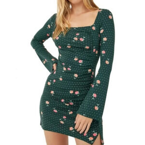 Free People Green Pink Flowers Celine Ruched Key Hole Back Mini Dress Sz S.